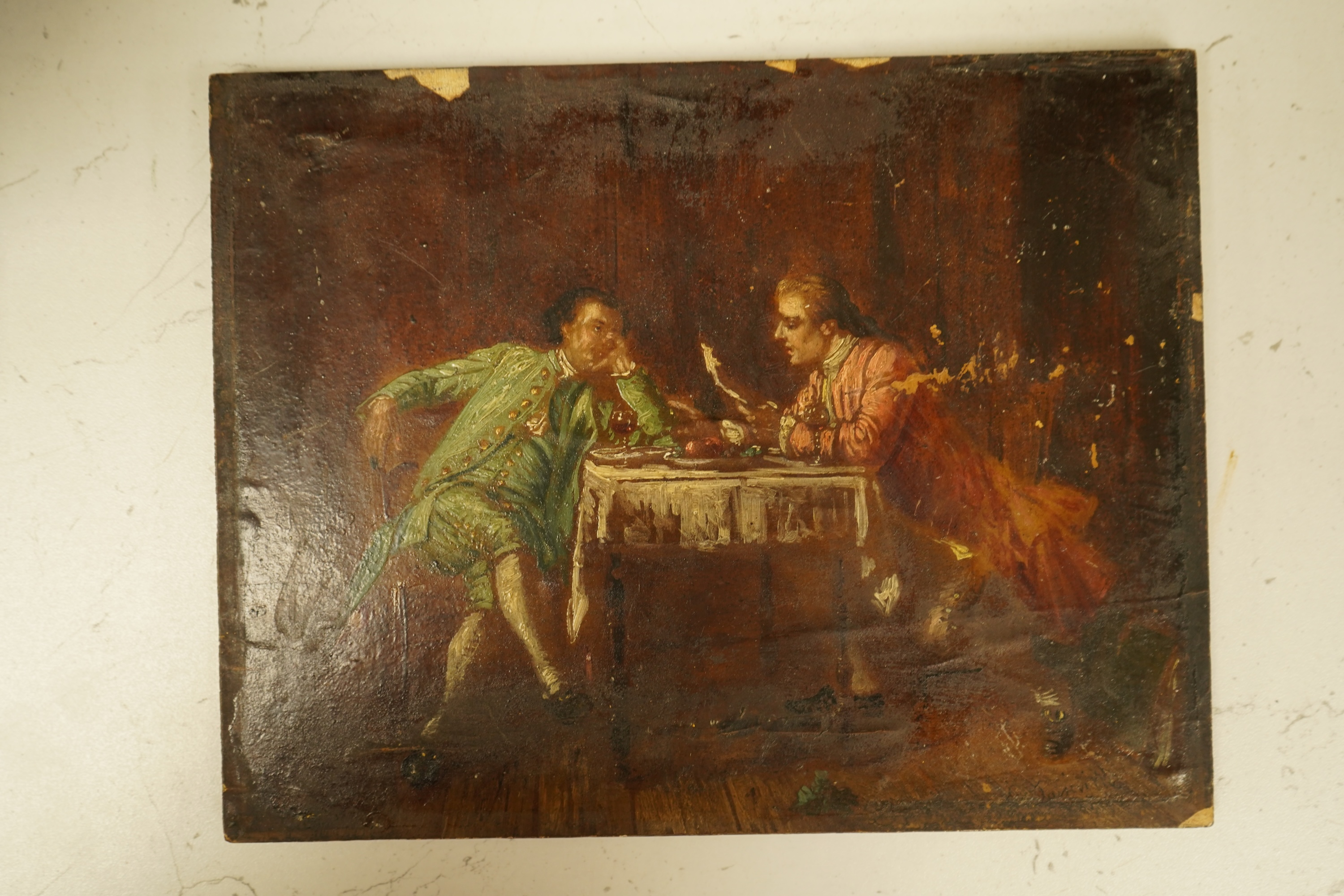 Joinville?, Interior scene with two gentlemen wearing Georgian dress, indistinctly signed lower right, oil on panel, unframed, 18 x 23cm